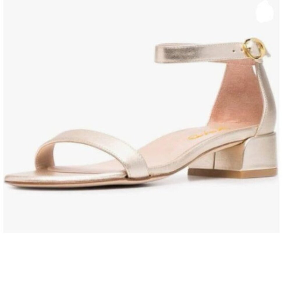 XYD Rose Gold Open Toe Ankle Strap Buckled Low Chunky Block Pumps Shoes